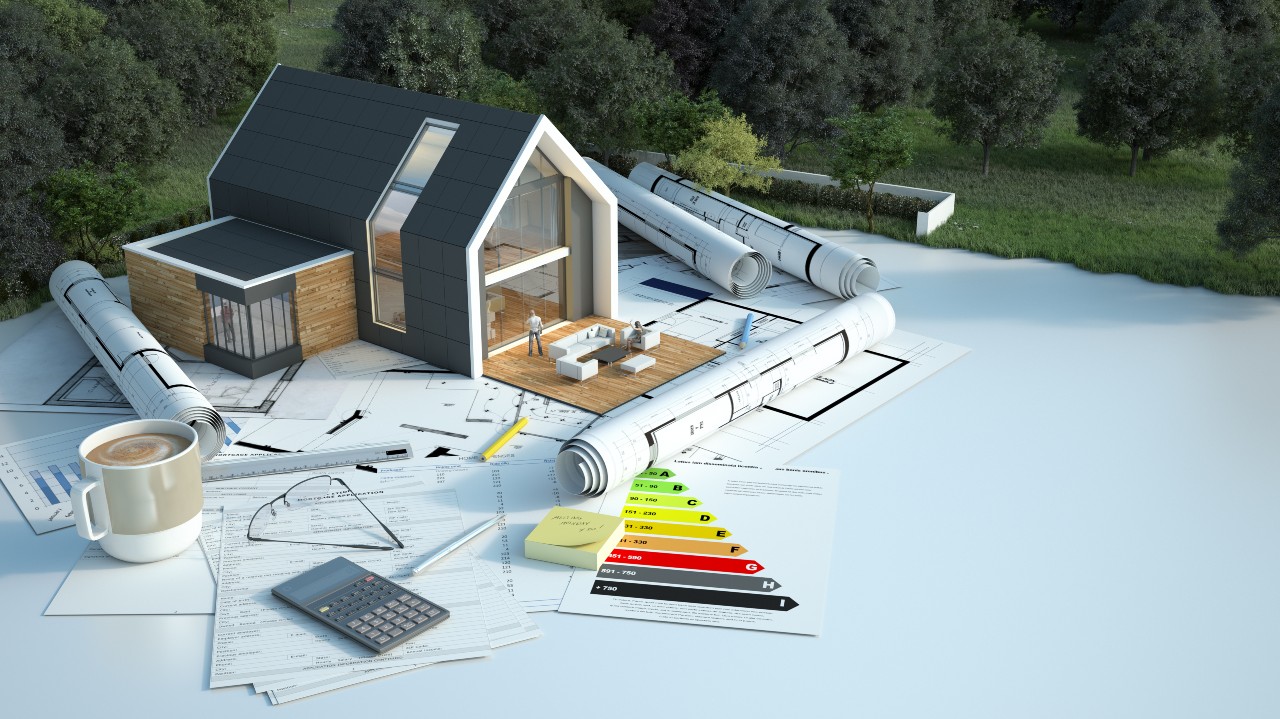 3d-rendering-house-with-blueprints-energy-charts-other-documents-field 3d-rendering-house-with-blueprints-energy-charts-other-documents-field